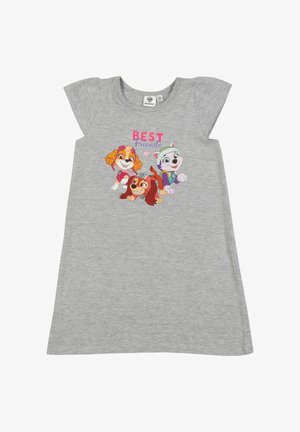 Vestito grigio per bambini con maniche corte, raffigurante tre cuccioli animati e il testo "Migliori Amici" con un cuore rosa.