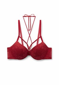 Red lace bra with padded cups, adjustable shoulder straps, and decorative crisscross detail with bow at the cleavage area.
