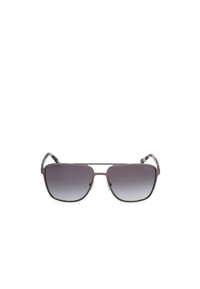 Sunglasses med grå gradientlinser, metallram och mönstrade acetat-templar, med en fyrkantig design och subtil logotypdetalj.