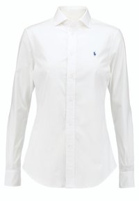 White button-up shirt with long sleeves, made of smooth fabric. Features a small blue logo on the left chest and a classic collar design.