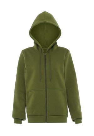 Felpa con zip di colore verde oliva, dotata di un ampio cappuccio, due tasche frontali e un morbido interno in pile. Presenta anche lacci regolabili e polsini a coste.