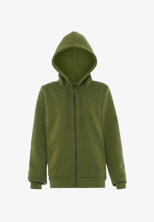 Olive green zip-up hoodie with a large hood, two front pockets, and a soft fleece interior. Features adjustable drawstrings and ribbed cuffs.
