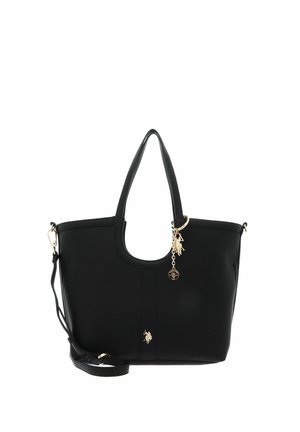 Sac fourre-tout en cuir noir avec double poignée, bandoulière amovible et breloque logo cheval et cavalier dorée sur le devant au centre.