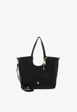 Sac fourre-tout en cuir noir avec double poignée, bandoulière amovible et breloque logo cheval et cavalier dorée sur le devant au centre.