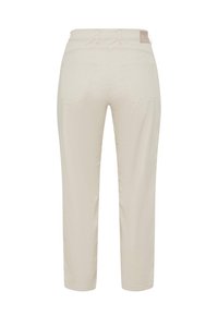Beige Hose aus strukturiertem Stoff, mit geradem Schnitt, zwei Gesäßtaschen und einem Etikett am Bund.