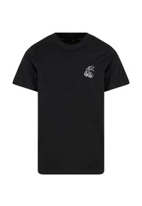 Černé tričko s krátkým rukávem z bavlny, které na levé části hrudi zdobí bílé grafické znázornění třešní a číslo 88. Klasický design s kulatým výstřihem.