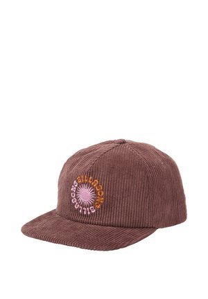 Casquette de baseball en velours côtelé marron avec un motif brodé circulaire rose et orange sur le devant.