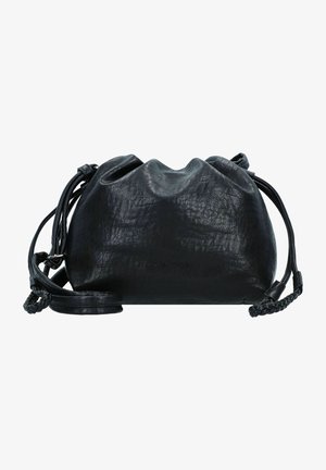 Bolso de hombro de cuero negro suave con cordón, asas trenzadas y borde superior ligeramente fruncido.