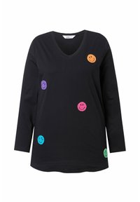 Zwarte lange mouwen V-hals shirt met vijf kleurrijke geborduurde smiley gezichten in roze, groen, blauw, paars en oranje, met een gladde textuur.