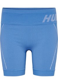 Ljusblåa träningsshorts med ribbat mönster, elastisk midja och vita dekorsömmar längs sidorna.