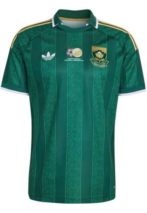 Grünes südafrikanisches Fußballtrikot mit goldenen Streifen auf den Schultern, gemusterten vertikalen Paneelen, Adidas-Logo und Wappen des südafrikanischen Fußballverbandes.