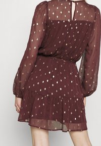 Burgunderfärgad klänning i genomskinligt tyg med guldprickar, långa ärmar, elastisk midja, volangfåll och en nyckelhålsknäppning bak.