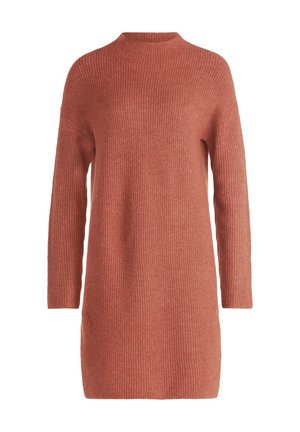 Langärmliges, geripptes Strickkleid in gedämpfter Rostfarbe mit Rundhalsausschnitt und geradem Schnitt.