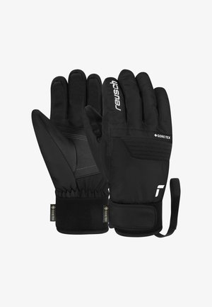 Mustat vesitiiviit hanskat, joissa on teksturoitu kämmen, elastinen ranneosa ja vahvistetut sormet. Varustettu Gore-Tex -brändillä ja turvallisella hihnalla.