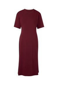 Burgunderfarbenes Kurzarmkleid aus glattem Stoff, mit lockerer Passform und wadenlanger Länge, ausgestattet mit seitlichen Schlitzen für mehr Bewegungsfreiheit.