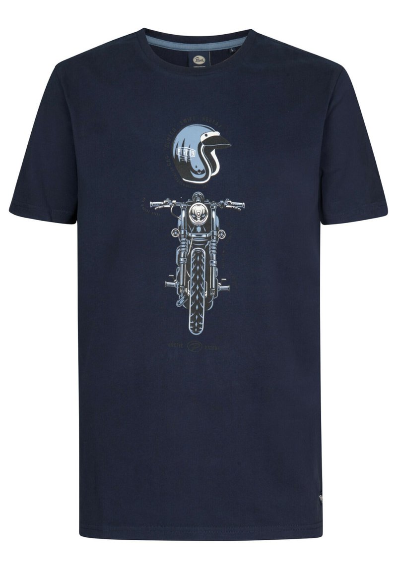 Camiseta de algodón azul marino con un diseño gráfico de una motocicleta y un casco en azul claro y blanco. Mangas cortas, cuello redondo, textura suave.