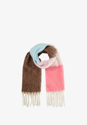 Wielokolorowy szal o miękkiej fakturze. Kolory to jasnoniebieski, różowy, brązowy i biały, z frędzlami na brzegach.