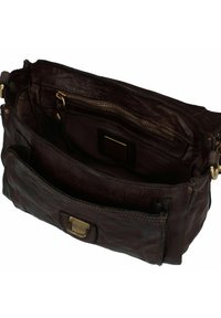 Borsa in pelle marrone scuro con più scomparti, accessori in oro, tasca con zip e morbido tessuto interno testurizzato.