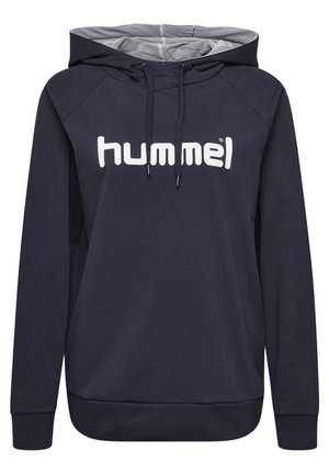 Marineblå hættetrøje med en front kangaroo-lomme, ribbede manchetter og kant. Udstyret med et stort hvidt "hummel" logo på brystet.