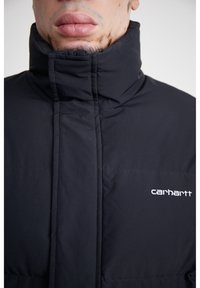Mands nederste ansigt med trimmet skæg, iført sort Carhartt-jakke lynet op til højt krave mod en ensfarvet baggrund.
