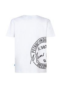 Bílý bavlněný tričko s velkým černým kruhovým logem na zádech, s textem včetně "Petrol Industries" a "Miami."