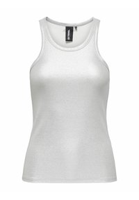 Débardeur sans manches argenté fabriqué à partir d'un tissu côtelé et extensible. Dispose d'un col rond et d'une silhouette ajustée sans motifs visibles.