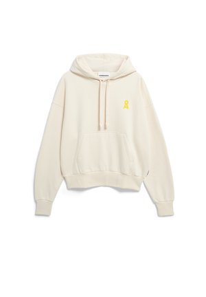 Sudadera con capucha color blanco roto con bolsillo frontal, capucha con cordón, puños acanalados y pequeño logo amarillo bordado en el pecho izquierdo.