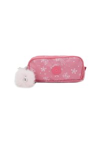 Pink rectangular pencil case with white star and cat face patterns, circular logo, zipper closure, and attached fluffy pom-pom keychain.