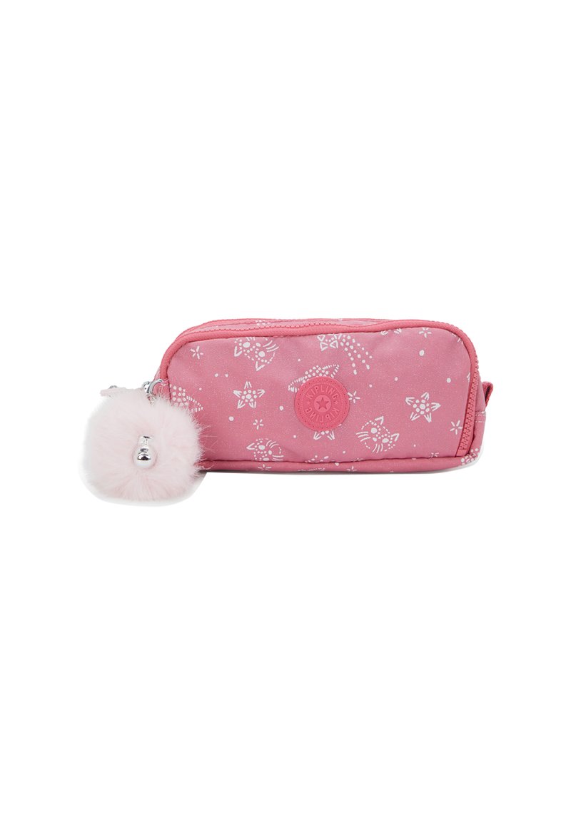 Pink rectangular pencil case with white star and cat face patterns, circular logo, zipper closure, and attached fluffy pom-pom keychain.