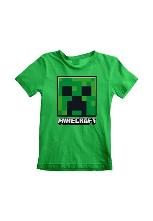 Grünes Baumwoll-T-Shirt mit einem pixelierten schwarz-grünen Creeper-Gesicht und dem Text "MINECRAFT" in fetter weißer Schrift darunter.