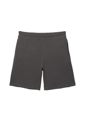 Gray fabric shorts featuring an elastic waistband, subtle texture, side pockets, and a straight cut design.