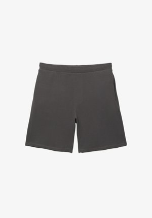 Pantaloni scurți gri din țesătură, cu un waistband elastic, textură subtilă, buzunare laterale și un design drept.