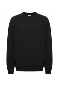 Schwarzer Hoodie aus Baumwolle mit Rundhalsausschnitt, gerippten Bündchen und einem dezenten, geprägten Logo auf der Vorderseite. Glatte Textur.