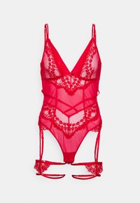 Rød lingerie bodysuit med gjennomsiktig mesh og blonderkant, V-halsdesign med justerbare stropper og dekorative blondeelementer.