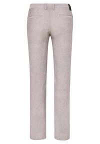 Light gray trousers with a textured fabric, straight cut, two back pockets, and a waistband. Features subtle stitching and a brand tag.