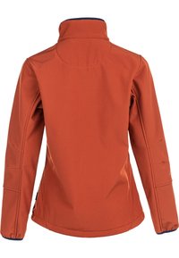 Orange softshell-jacka med hög krage, hela ärmar och kontrasterande blå foder. Har sömnadsdetaljer och en något figursydd midja.