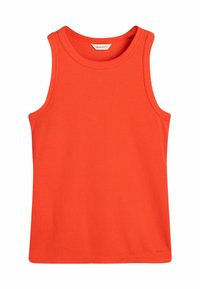 Rotes Trägershirt aus glattem Baumwollmaterial, mit rundem Halsausschnitt und ärmellosem Design, geradem Saum und dezentem Branding am unteren Rand.