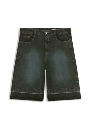 Čierne denim bermudy s prednými vreckami, zapínaním na gombíky a neupravenými lemmi.