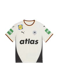 Camiseta deportiva blanca con acentos negros, con cuello redondo, "atlas" en negrita en fuente negra y parches de logotipo coloridos en las mangas y el pecho.