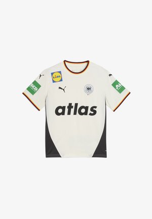 Biely športový dres s čiernymi akcentmi, s okrúhlym výstrihom, nápisom "atlas" v tučnom čiernom písmene a farebnými logovými nášivkami na rukávoch a hrudi.