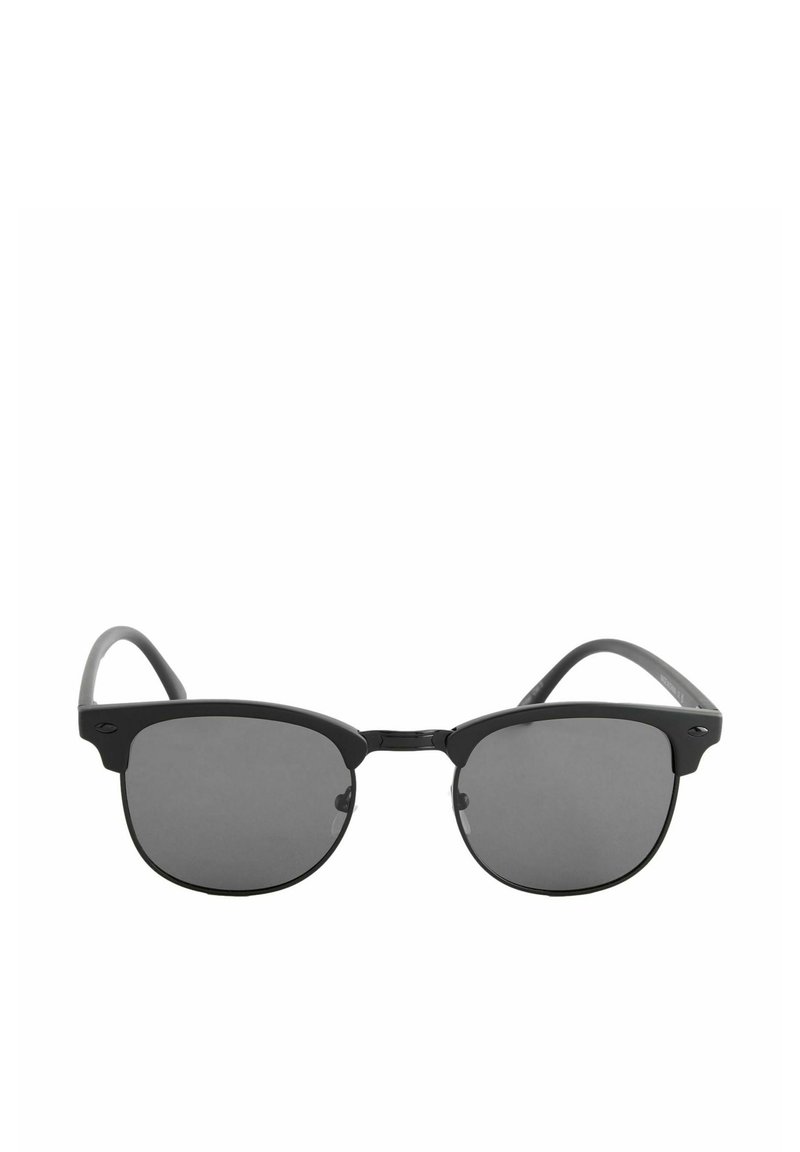 Ochelari de soare negri cu lentile rotunde, având un cadru mat și un design elegant. Lentilele gri oferă protecție UV și glare minim.