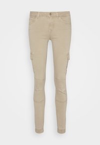 Beige smala cargobyxor med frontknapp, bältesöglor, sidofickor med klaff och resårvidd vid benen.