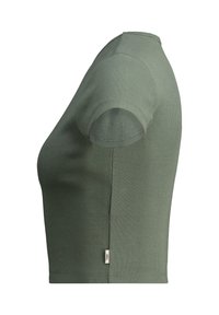 Short-sleeve, ribbed t-shirt in olive green, featuring a fitted design, round neckline, and small tag at the lower side.