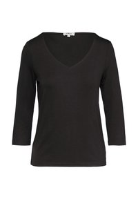 Haut noir à manches longues en V, fabriqué dans un tissu doux et lisse avec un design ajusté. Présente un décolleté épuré et un ourlet droit.