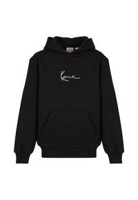 Fekete kapucnis pulóver pamutból, kenguru zsebbel, bordás mandzsettákkal és fehér aláírásos logóval a mellrészen. Egyszerű, díszítetlen dizájn.