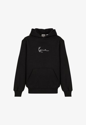 Felpa nera con cappuccio in cotone, dotata di tasca a marsupio, polsini a costine e un logo bianco firmato sul petto. Design semplice e privo di ornamenti.