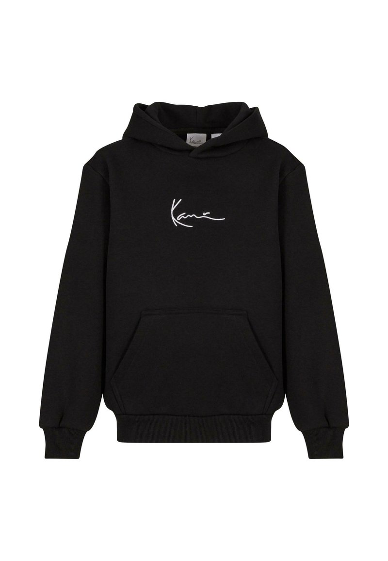 Fekete kapucnis pulóver pamutból, kenguru zsebbel, bordás mandzsettákkal és fehér aláírásos logóval a mellrészen. Egyszerű, díszítetlen dizájn.