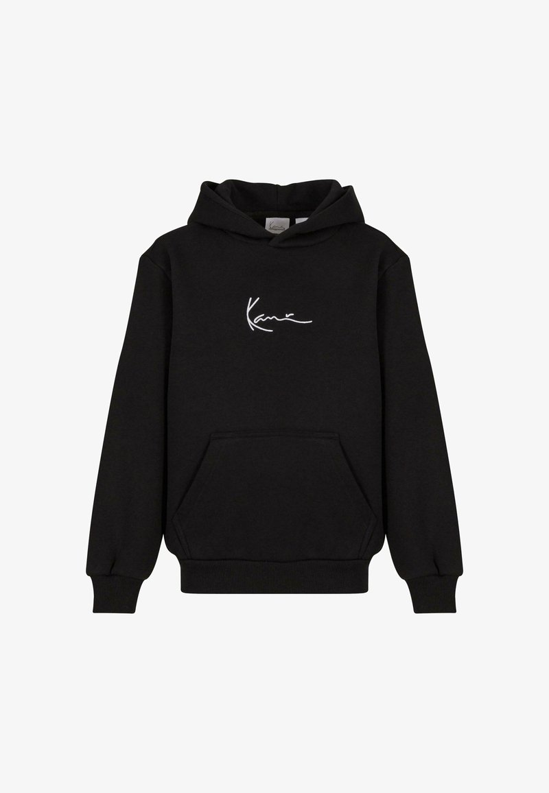 Fekete kapucnis pulóver pamutból, kenguru zsebbel, bordás mandzsettákkal és fehér aláírásos logóval a mellrészen. Egyszerű, díszítetlen dizájn.
