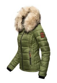 Green quilted puffer jacket featuring a fur-lined hood, two zippered pockets, leather accent on the sleeve, and ribbed cuffs.