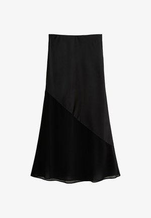 Falda negra con un acabado suave y satinado. Presenta un diseño asimétrico con paneles en capas, tejido fluido y una silueta acampanada.